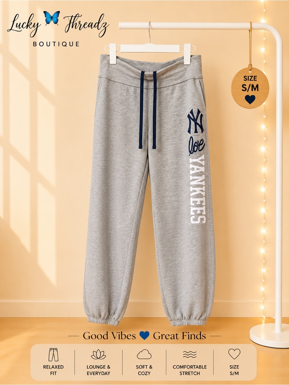 5th & Ocean NY Yankees Gray Sweatpants Cuffed Joggers Drawstring MLB Womens S M